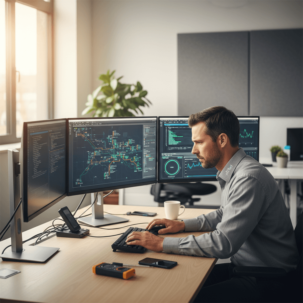 IT technician swiftly troubleshooting at a modern desk with multiple monitors.