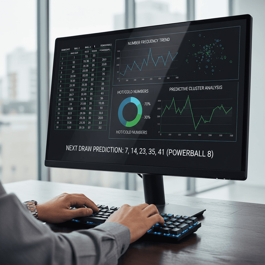 Close-up of computer monitor displaying statistical data charts and numerical analysis for prediction platform