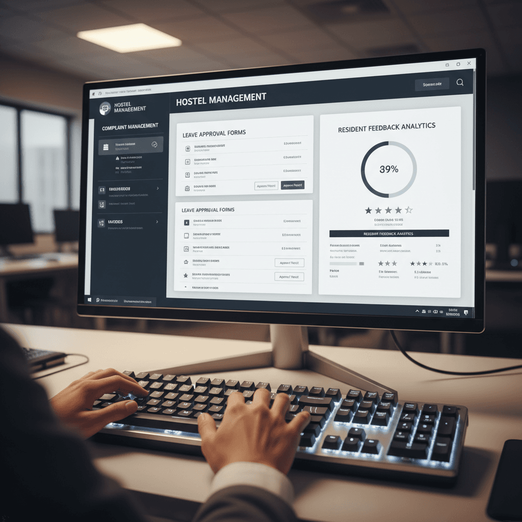 Hands typing on keyboard with hostel management software dashboard displaying complaints and resident feedback on monitor