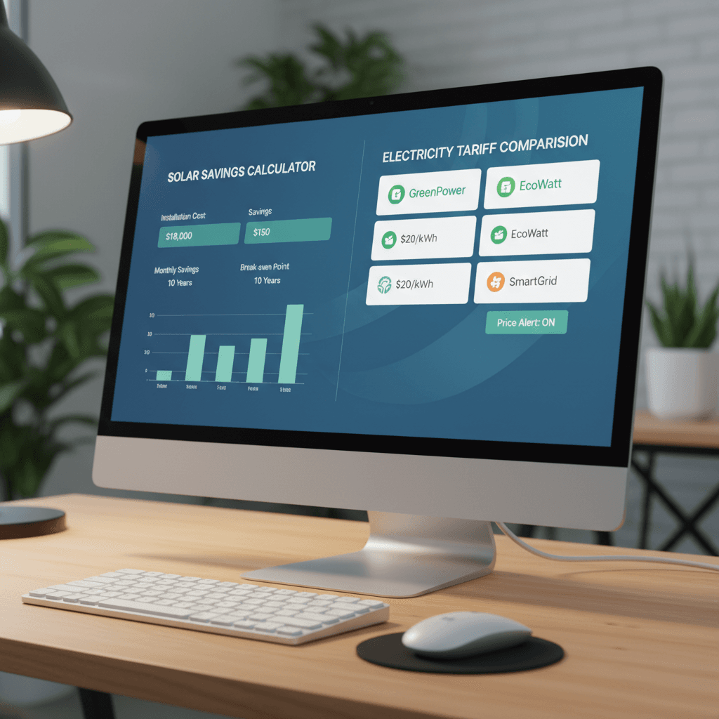 Close-up of desktop monitor displaying dual energy calculators: solar savings and electricity tariff comparison tools